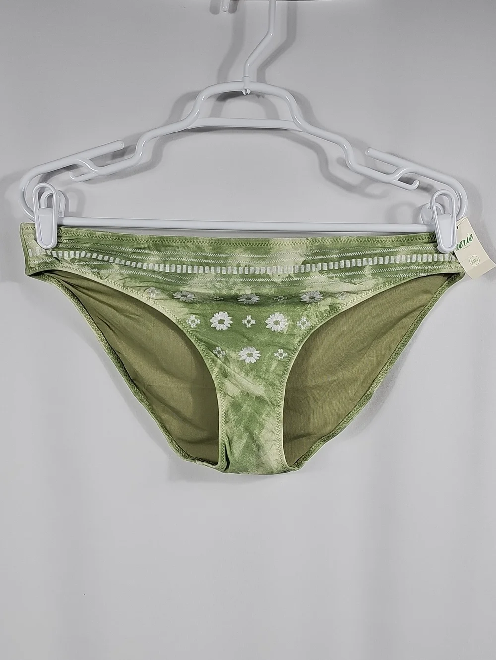 NWT Aerie Green Tie Dye Daisy Embroidered Bikini Bottom Size L Swim Boho Earthy